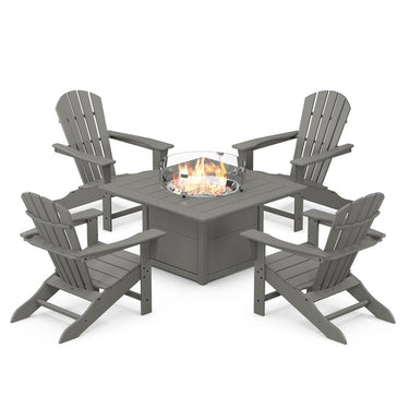 POLYWOOD Palm Coast 5-Piece Adirondack Chair Conversation Set w/ Fire Pit Table - Slate Grey